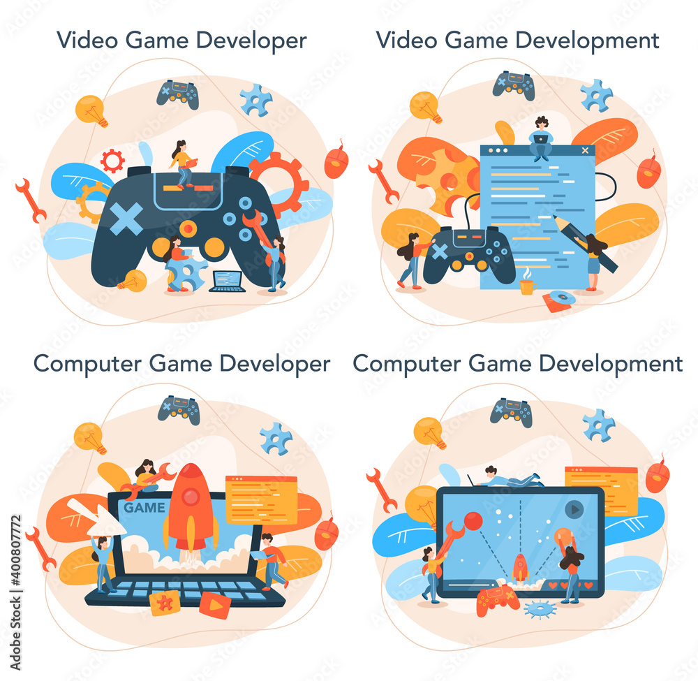 Poster game development concept set. creative process of a computer video game