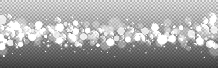 Silver bokeh banner. Christmas glitter effect on transparent backdrop. Luxury white blurred lights and particles. Wide festive texture with isolated glowing stardust. Vector illustration