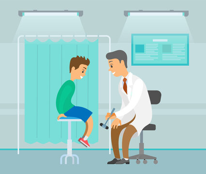 Neuropathologist examining patient use reflex hammer. People on the background of a medical screen. Boy visits therapist during regular checkup. Physician work at medical cabinet. Patient health check