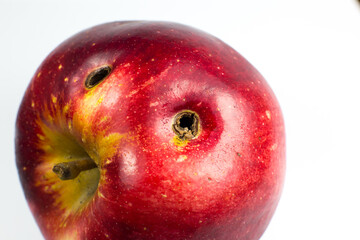 Red wormy spoiled apple on white background. Close up.
