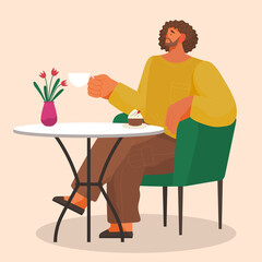 Stylish man sitting on soft armchair at home or restaurant at a cozy table drinking coffee vector illustration. Male character having lunch in a restaurant or cafe drinking tea and eating cupcake
