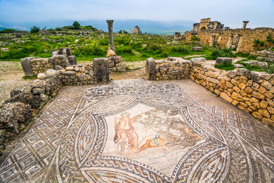 Mosaic floor in old roman city of Volubilis near Moulay Idriss and Meknes