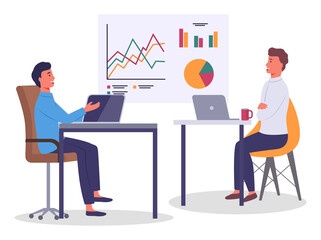 Men in formal suits sitting at tables with laptops and talking informally,a red cup, coffee break. Big white board with analytics, pie and bar charts. Office communication. Flat vector image