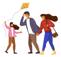 Happy family parents and daughter with kite walking in the city park together in windy weather. Smiling people with cheerful child isolated on white vector illustration family activities flat style