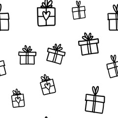 Gift box doodle seamless pattern. Present with ribbons texture drawings. Texture of holiday season presents. Christmas background.
