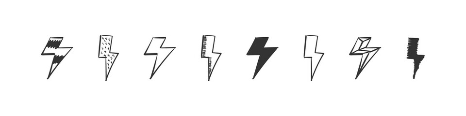 Lightning icons doodle. Energy icons concept. Hand Drawn icon lightning isolated on white background. Trendy design. Vector illustration