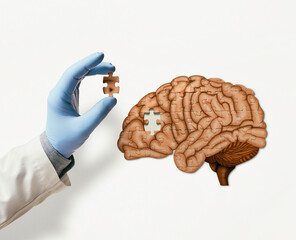Puzzle with illustration of human brain and doctor hand with the missing piece of puzzle. Brain...