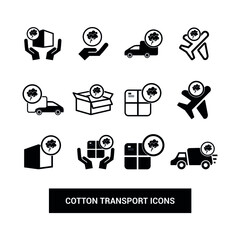 Vector image. Cotton transport icons. Cotton by truck, by plane and in packages.
