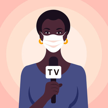 African Woman Talking In Microphone. Newswoman In The Medical Face Mask. TV Reportage. Vector Flat Illustration.