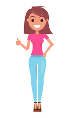 Young smiling girl showing a gesture of approval. Cool or Ok sign with thumbs up. Girl emotions good mood. Female character wearing pink blouse and jeans standing straight at full height arm raised up