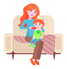 Mother feeding her baby with bottle. Mom gives the son to drink flat vector illustration. A woman sitting on a armchair with the baby in her arms. Girl holds a bottle of milk for a small child