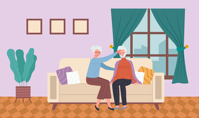 Fototapeta premium Wife treats her husband. A woman puts her hand to the patient s forehead to measure his temperature. Elderly man having a cold and sitting on the sofa. Character does not feel well during the illness