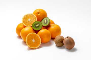 Kiwi and orange fruit isolated on white background
