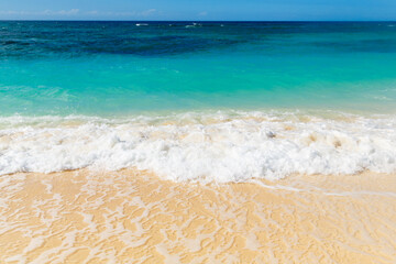 Tropical sandy seashore with blue wave on the Boracay island Philippines. Beach top view overhead seaside.