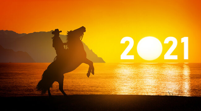 2021 greeting card for a happy new year and a good new summer season with a cowboy on horseback.