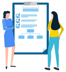 Board with structured files, tipped data information. Writing business plan concept, two women analyzing work process, financial planning and agents cooperation