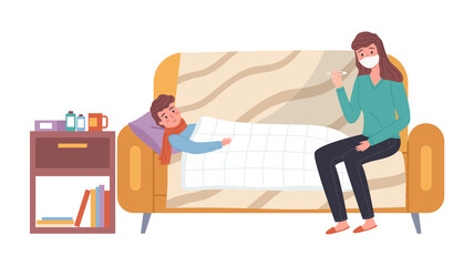 Mom gives the patient a thermometer to measure the temperature. Family on white background. Male character having a cold and lying on the sofa. Mother treats son. The wrapped guy lies under the covers