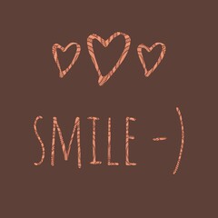 Inverted on brown abstract geometric shapes background in soft pastel colors with 'Smile' text. Vintage poster style image. Knitted fabric surface imitation. Holidays and decorative concept.