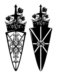 royal crown, knight sword and heraldic shield with rose flowers - black and white evctor coat of arms design for security concept