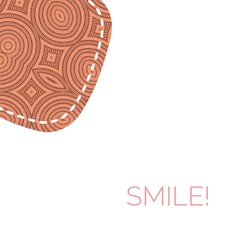 Inverted on white abstract geometric shapes background in soft colors with 'Smile!' text. Vintage poster or funny card style image. Knitted fabric surface imitation. Holidays and decorative concept.