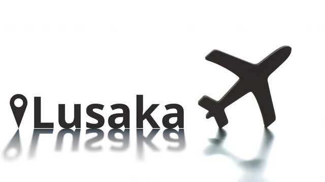 Lusaka text, geotag and airplane silhouette. Travel concept