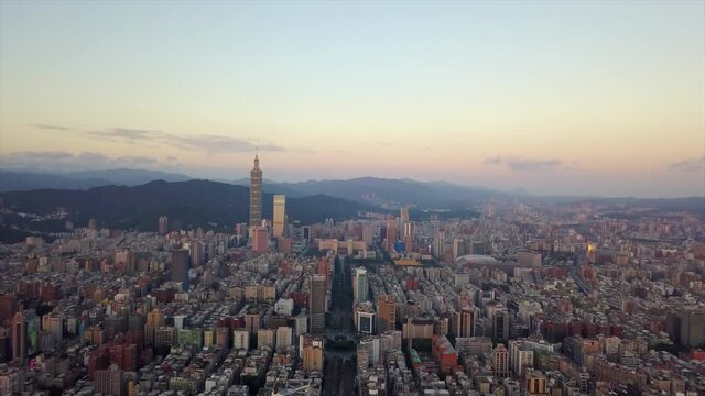 taiwan sunset taipei cityscape center famous tower aerial panorama 4k