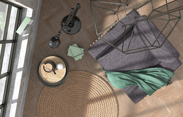 Nook, top view of a cosy armchair with teapot and books, hygge concept