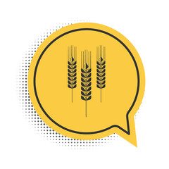 Black Cereals icon with rice, wheat, corn, oats, rye, barley icon isolated on white background. Ears of wheat bread symbols. Agriculture wheat. Yellow speech bubble symbol. Vector.