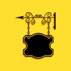 Black Vintage street signboard hanging on forged brackets icon isolated on yellow background. Suitable for advertisements bar, cafe, pub, restaurant. Long shadow style. Vector.
