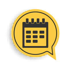 Black Calendar icon isolated on white background. Yellow speech bubble symbol. Vector.