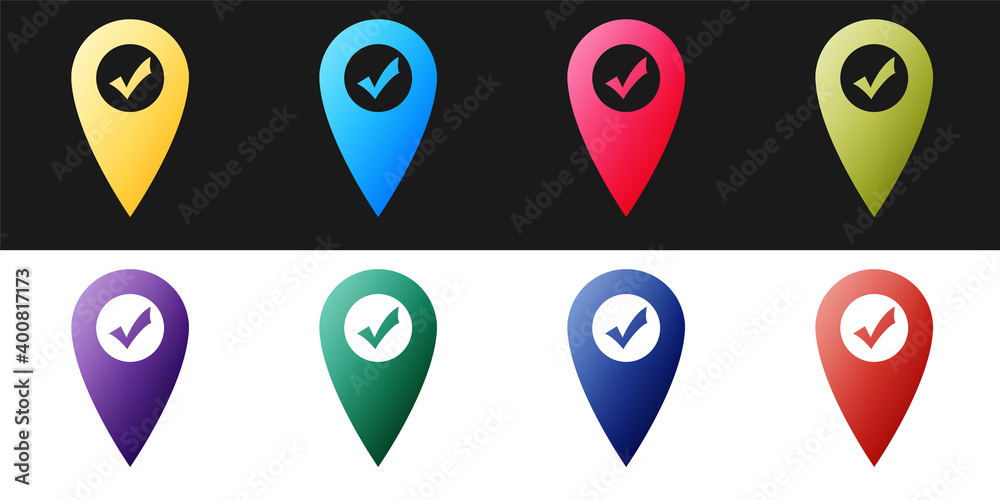 Fototapete set map pointer with check mark icon isolated on black and white background. marker location sign. t