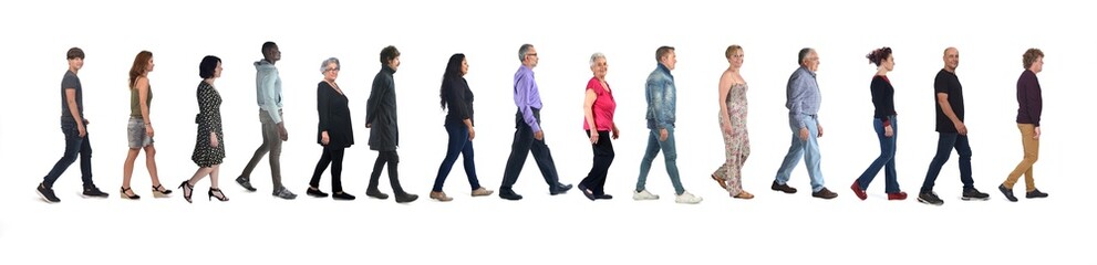 Fototapeta premium large group of mixed people walking on white background