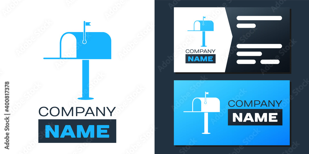 Poster logotype open mail box icon isolated on white background. mailbox icon. mail postbox on pole with fl