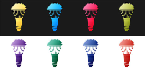 Set LED light bulb icon isolated on black and white background. Economical LED illuminated lightbulb. Save energy lamp. Vector.