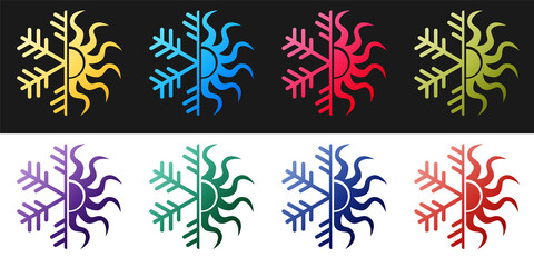 Set Hot and cold symbol. Sun and snowflake icon isolated on black and white background. Winter and summer symbol. Vector.