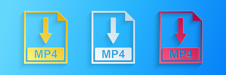 Paper cut MP4 file document icon. Download MP4 button icon isolated on blue background. Paper art style. Vector.