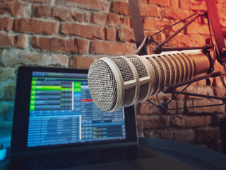 Sound studio: professional microphone and laptop