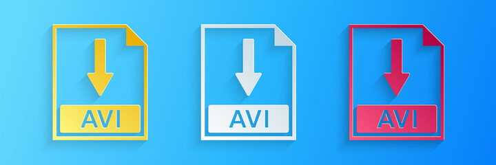 Paper cut AVI file document icon. Download AVI button icon isolated on blue background. Paper art style. Vector.