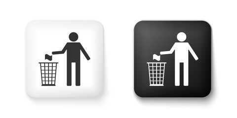 Black and white Man throwing trash into dust bin icon isolated on white background. Recycle symbol. Square button. Vector.