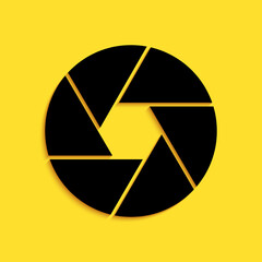 Black Camera shutter icon isolated on yellow background. Long shadow style. Vector.