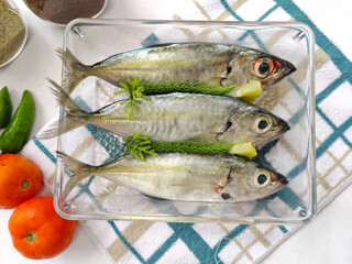 Close up view of Fresh Indian Scad Fish decorated with herbs and vegetables.Selective focus.