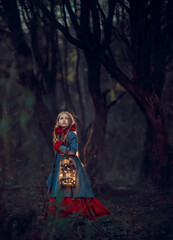Fototapeta na wymiar Girl with cage and bird in the night autumn forest