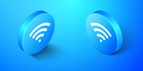 Isometric Wi-Fi wireless internet network symbol icon isolated on blue background. Blue circle button. Vector.