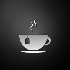 Silver Cup with tea bag icon isolated on black background. Long shadow style. Vector.