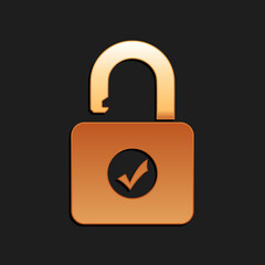 Gold Open padlock icon isolated on black background. Opened lock sign. Cyber security concept. Digital data protection. Safety safety. Long shadow style. Vector.