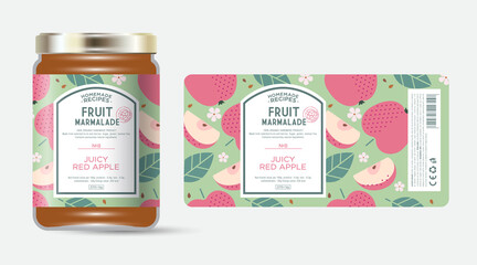 Label and packaging of red apple marmalade. Jar with label. Text in frame with stamp (sugar free) on seamless pattern with fruits, flowers and leaves.