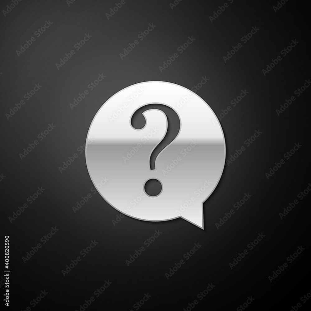 Poster silver question mark in circle icon isolated on black background. hazard warning symbol. faq sign. c