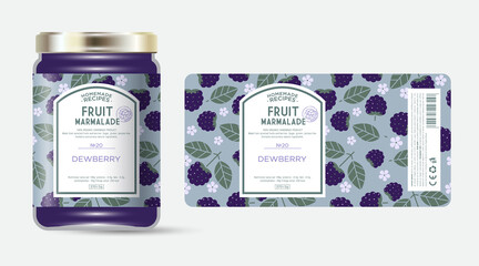 Label and packaging of bramble marmalade. Jar with label. Text in frame with stamp (sugar free) on seamless pattern with berries, flowers and leaves. - obrazy, fototapety, plakaty