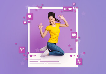 Collage with Asian woman jumping inside photo frame and social media icons on violet studio...