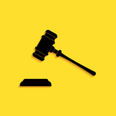 Black Judge gavel icon isolated on yellow background. Gavel for adjudication of sentences and bills, court, justice, with a stand. Auction hammer. Long shadow style. Vector.